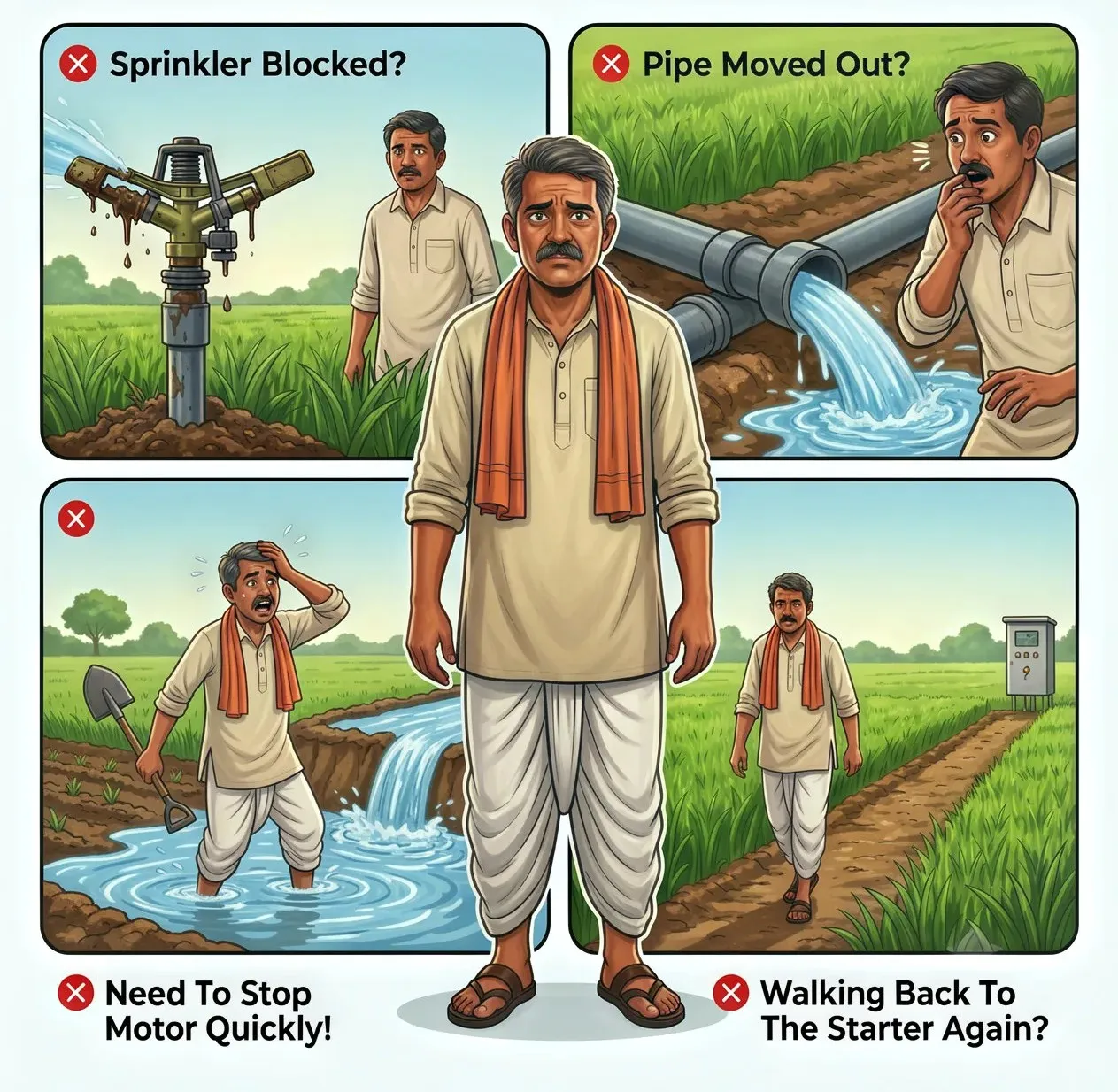 Common agricultural motor control challenges including sprinkler blockage, pipe leakage, irrigation issues, and walking back to the motor starter
